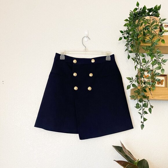 🌻 ZARA Navy Military Wrap Mini Skirt Gold Buttons Nautical Medium - Picture 2 of 5